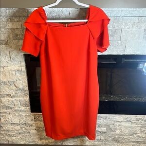 Trina Turk Red Orange Sheath Party Dress, Square Neckline Tiered Sleeves, size 4